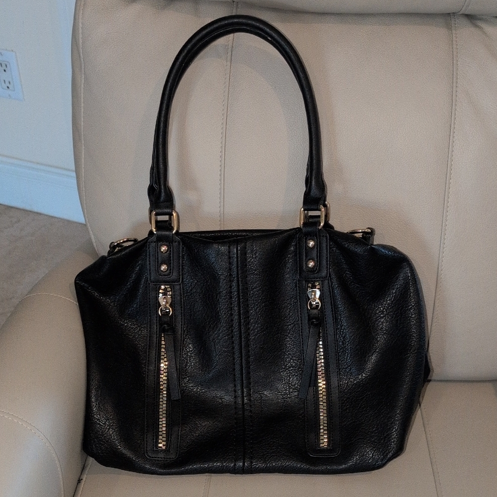 Black Vegan Satchel with Gold Accents